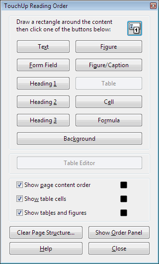 Screenshot of the TouchUp Reading Order Tool window showing the buttons with several common tags.