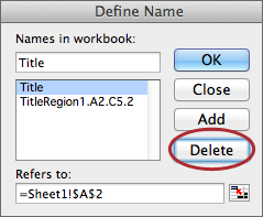 screenshot of Define Name dialog, highlighting the Delete button