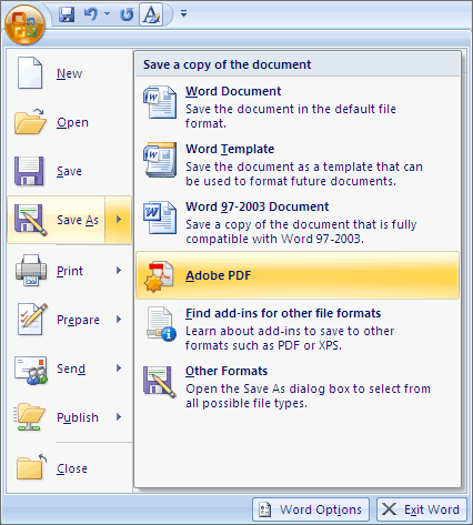 Screenshot of Adobe PDF option located under the Save As menu.