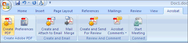 Screenshot of Create PDF option located under the Acrobat Ribbon in Word.