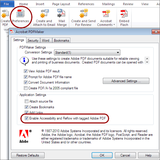 Screenshot of Adobe PDF Maker with Enable Accessibility and Reflow with tagged Adobe PDF option selected under the Application Settings sub-menu.