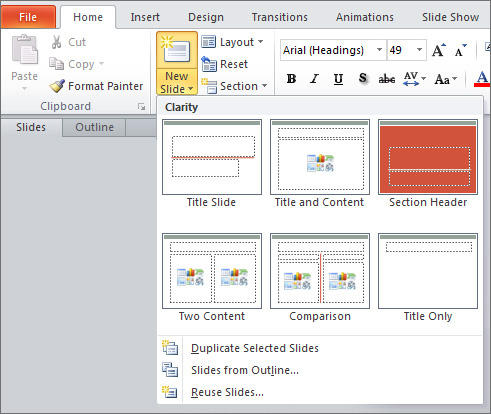 Screenshot of the New Slide menu options on the default PowerPoint toolbar