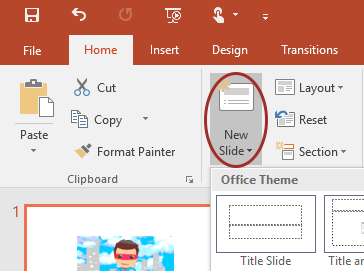 Screenshot of the New Slide menu options on the default PowerPoint toolbar