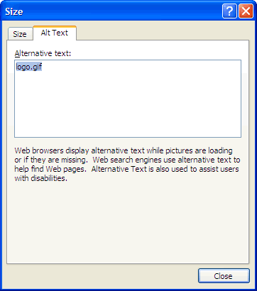 screenshot of Alt text tab in Word 2007. The word logo.gif appears in the field by default.