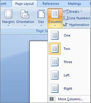 Screenshot showing the Columns menu