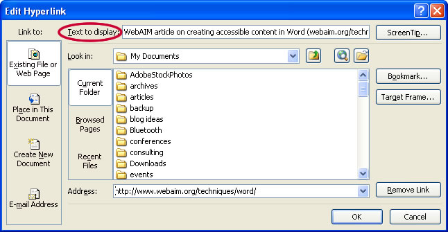 Screenshot of the Edit Hyperlink menu, highlighting the Text to Display field.