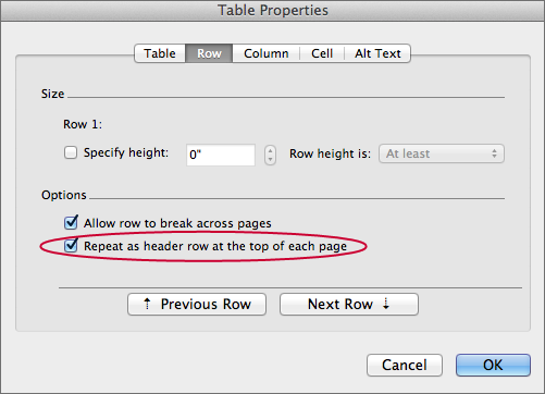 screenshot of selecting correct options in Table Properties window