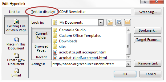 screenshot of Hyperlink window, with Text to Display field highlighted.