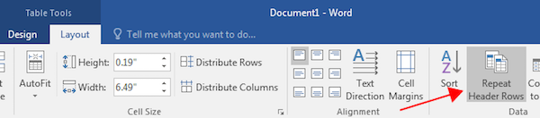 screenshot of selecting 'repeat header rows' in Layout ribbon