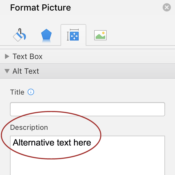 screenshot of the Format Picture window, emphasizing inserting Alt text in the Description field.