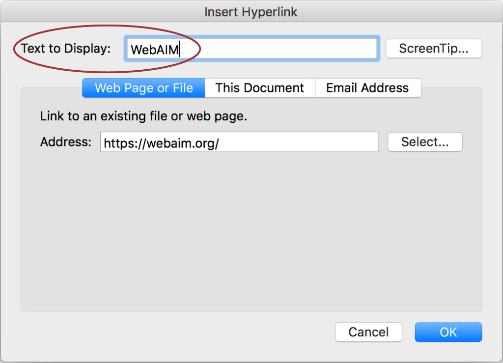 screenshot of the Display field in the Edit Hyperlink window