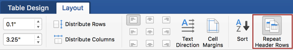 screenshot of selecting 'repeat header rows' in Layout ribbon