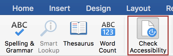 screenshot of selecting 'Check Accessibility' in the 'Review' tab